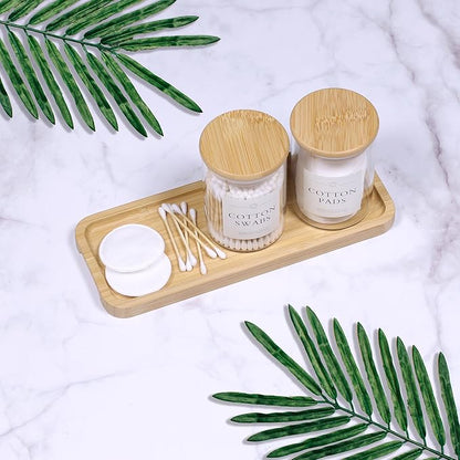 INIUNIK Qtip Holder with Vanity Tray - 3 Pack Glass Apothecary Jars with Lids, Cotton Ball Swab Pad Floss Pick Holder, Bathroom Organizers Jars Containers Canisters Accessories Set