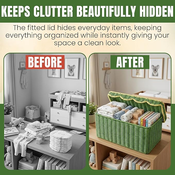 Scalloped Hyacinth Wicker Basket for Toy Storage | 3 Pack Woven Storage Baskets | Decorative Storage Baskets for Shelves | Rattan Baskets for Bedroom By NovaHeavensNest (Green & Golden)