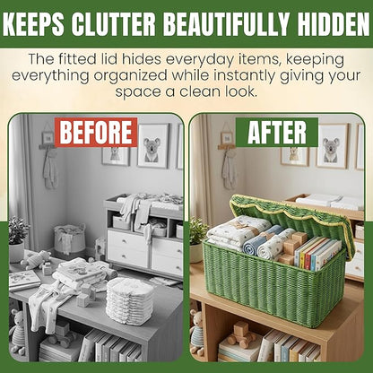 Scalloped Hyacinth Wicker Basket for Toy Storage | 3 Pack Woven Storage Baskets | Decorative Storage Baskets for Shelves | Rattan Baskets for Bedroom By NovaHeavensNest (Green & Golden)
