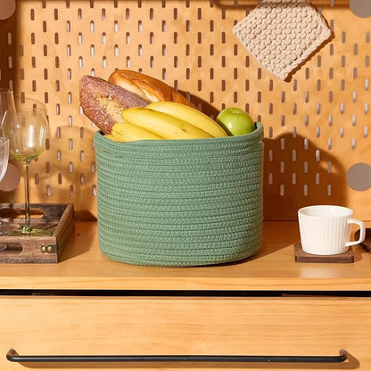 MiniArk Small Basket for Organizing | Cube Shelf Closet Storage Baskets | 9.7×9.7×7.1” | Woven Rope Gift Basket | Nursery | Round 3 Packs Green