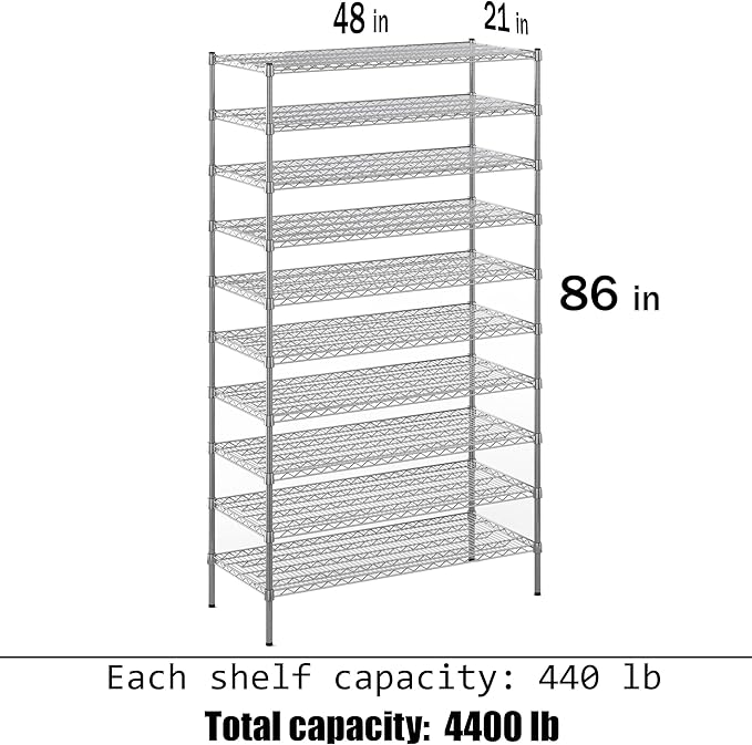 21" Deep x 48" Wide x 86" Height Wire Shelving Kit | 10-Tier | NSF Commercial Storage Rack Unit