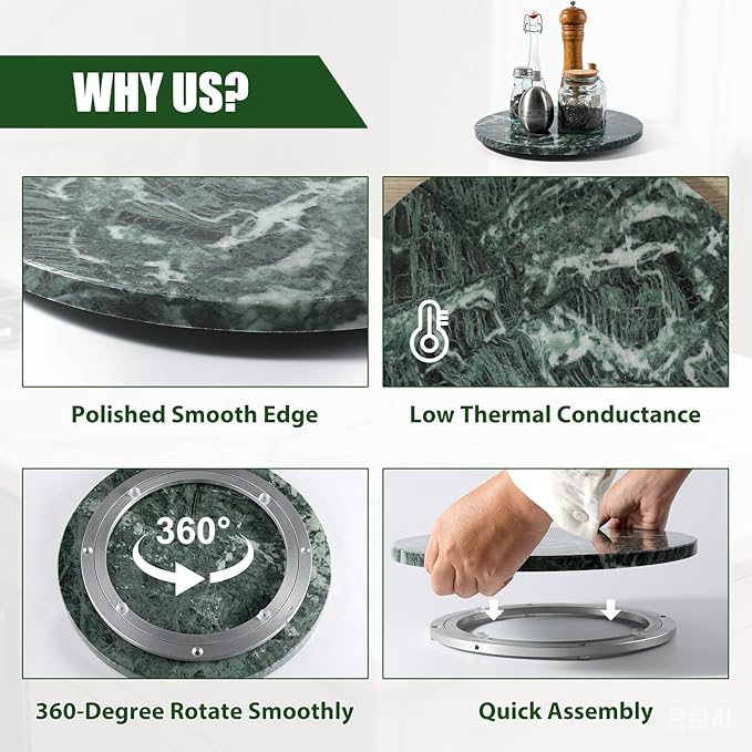 12" Marble Lazy Susan Turntable - 100% Natural Stone Round Serving Tray with Silent Spinning, Revolving Cake Stand & Cheese Board for Kitchen Countertop, Cupcake Table Display, Food, Seasoning (Green)