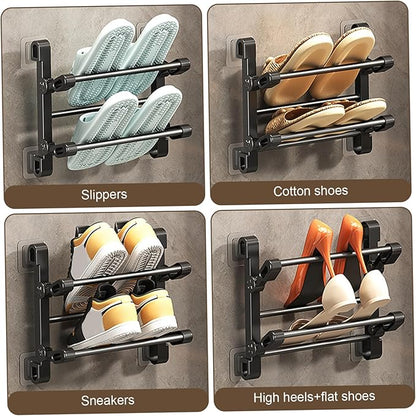 Wall Shoe Rack, 2-Tier Wall Mounted Shoe Rack 12 Inch, Foldable Galvanized Steel with Adhesive Hanger for Slippers, Sneakers, Hallway, Bathroom Storage Organizer, Holder for