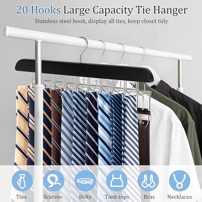 2 Pack 2-in-1 Belt and Tie Hanger for Closet, Upgraded Tie Rack with 20 Foldable Non-Slip Hooks, Max 30 Belts and 30 Ties, Space-Saving Wooden Tie and Belt Organizer for Camisoles, Bras, Scarves