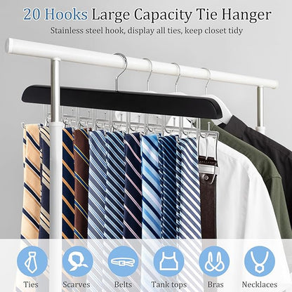 2 Pack 2-in-1 Belt and Tie Hanger for Closet, Upgraded Tie Rack with 20 Foldable Non-Slip Hooks, Max 30 Belts and 30 Ties, Space-Saving Wooden Tie and Belt Organizer for Camisoles, Bras, Scarves