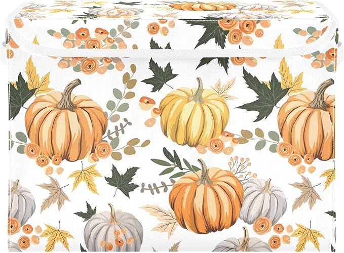 senya Thanksgiving Storage Baskets Collapsible Storage Bins with Lids, Pumpkins Flowers Leaves Thanksgiving Storage Boxes Clothes Baskets for Organizing