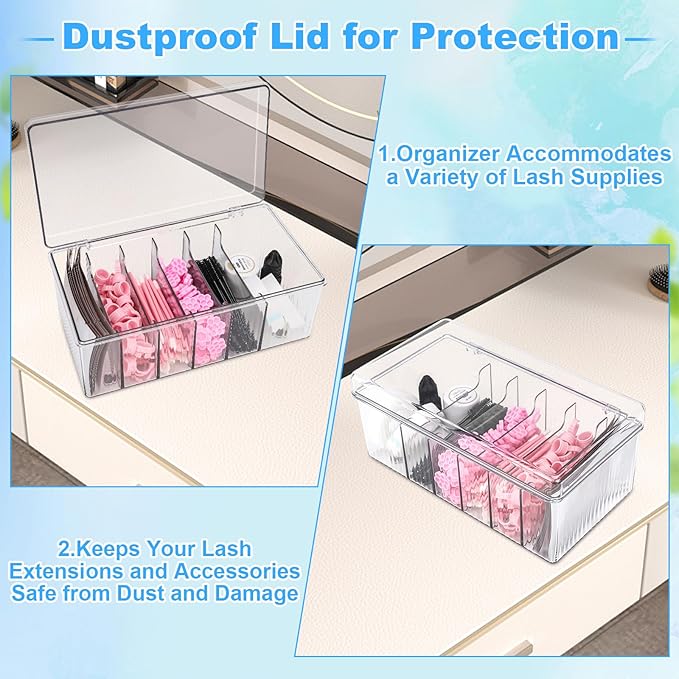 2Pcs Lash Cart Organizer For Lash Techs,Acrylic Lashes Extension Organizers and Storage for Do Your Own Lash and Brows at Home,Clear Container for False Eyelash Supplies, Separated Lash Organizer Box