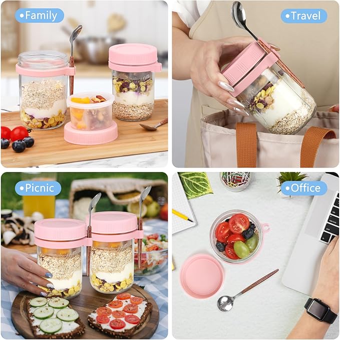 OcePor 6 Pack Overnight Oats Containers with Lids and Spoons, 16 oz Glass Mason Overnight Oats Jars with Removable Separate Compartments, Large Capacity Airtight Jars for Milk, Cereal, Fruit (Pink)