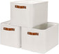 HNZIGE Large Fabric Storage Basket Organizers (3 PCS), Foldable Decorative Shelf Baskets with Leather Handles (Cream, 15" x 11" x 9.5")