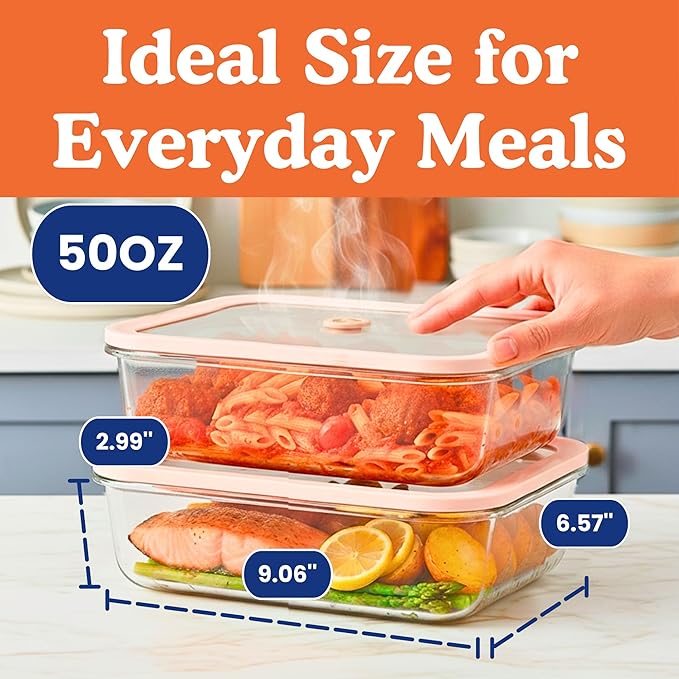 Ziruma Non-Toxic 6.2 Cup Glass Food Storage Containers with Lids, Large Food Containers, Plastic Free Meal Prep, Airtight Food Storage Container, Microwave and Freezer Safe, 2 Pack