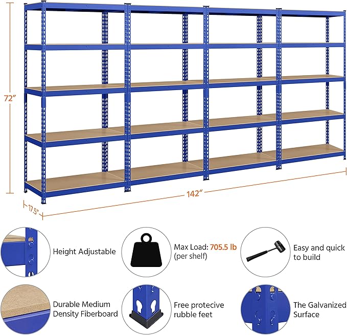 Topeakmart 4PCS 5-Tier Utility Shelves, Metal Storage Shelves Garage Shelving Unit Adjustable Garage Storage Shelves Storage Racks Heavy Duty Shed Shelving- Blue, 35.5 x 17.5 x 72 Inch