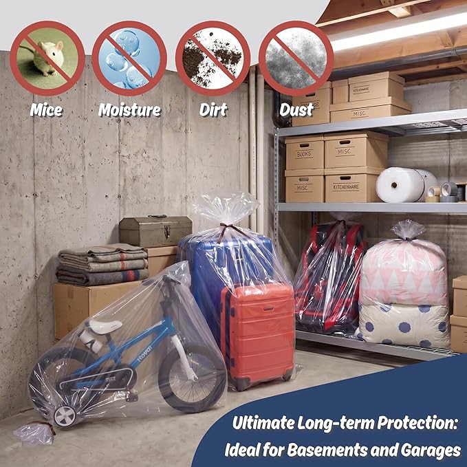 Wowfit 5 CT 40x60 inches Extra Large Clear Plastic Bags Perfect for Car Seat, Luggage, Suitcase, Stroller, Chair, Kids Bike and Attic Storage (2 Mil Flat Bags)