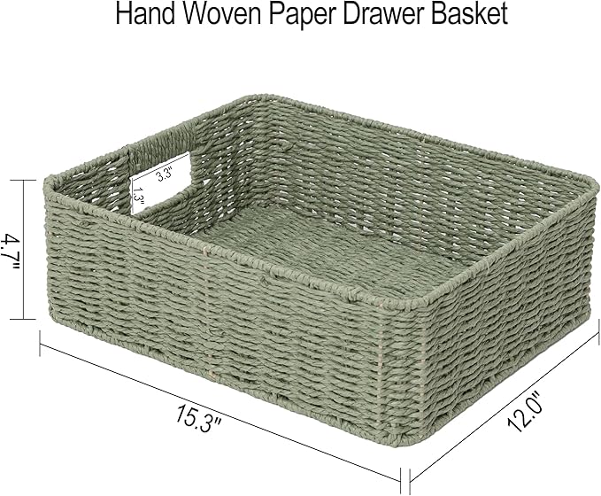 Drawer basket Handwoven Paper Rope Rectangular Shallow Basket Storage-15.35X12.01X4.72 Inches (Green)