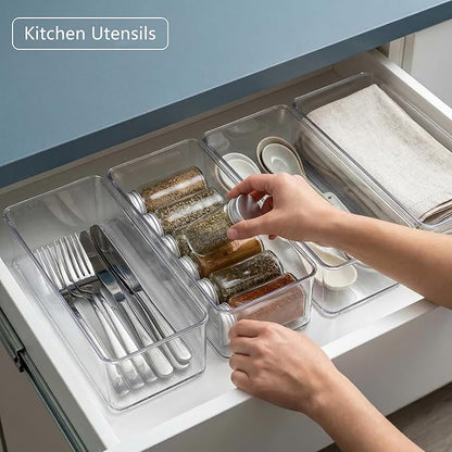 Qilinba 8 PACK Drawer Organizer Bins Bathroom Deep Drawer Silverware Organizers Clear Stackable Storage Bins for Vanity, Pantry, Office, Cabinet, Kitchen Counter Organization and Storage