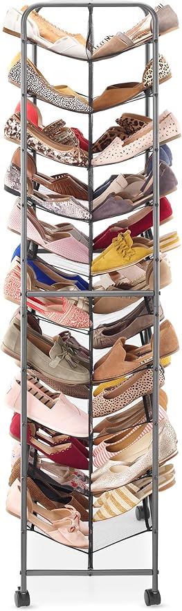 Whitmor 10 Tier Double-Sided Shoe Cart with Lockable Wheels, Gunmetal Rolling Shoe Organizer with Patented Mesh Back, Freestanding Storage for Garage, Bedroom, or Closet, 17" W×24.6" L×63.78" H