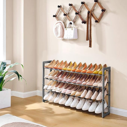 FAVOOSTY 4-Tier Expandable Shoe Rack, Adjustable Shoe Shelf Storage Organizer Space Saving Metal Free Standing Shoe Rack for Entryway Closet Doorway, Silver Grey