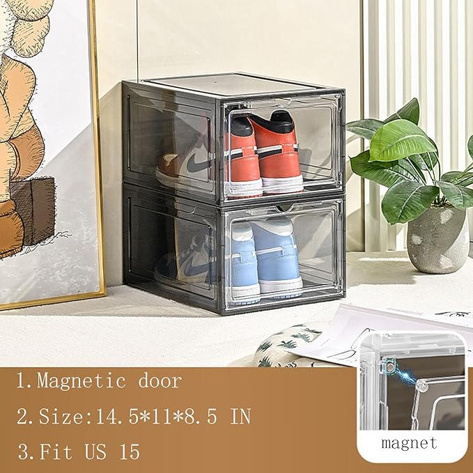XXL Drop Front Shoe Storage Box Stackable, 6 Pack Shoe Display Case Fit US 15,Sneaker Storage Shoe Containers with Magnetic Door（6 PACK BLACK