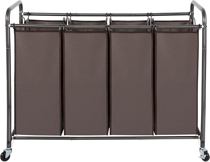 STO STO Laundry Sorter 4 Section, 4 Bag Clothes Hamper, Rolling Laundry Cart Basket with Heavy Duty Lockable Wheels and Removable Bag for Laundry Room, Bedroom, Closet, Brown