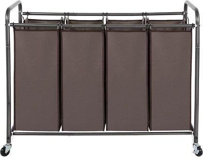 STO STO Laundry Sorter 4 Section, 4 Bag Clothes Hamper, Rolling Laundry Cart Basket with Heavy Duty Lockable Wheels and Removable Bag for Laundry Room, Bedroom, Closet, Brown