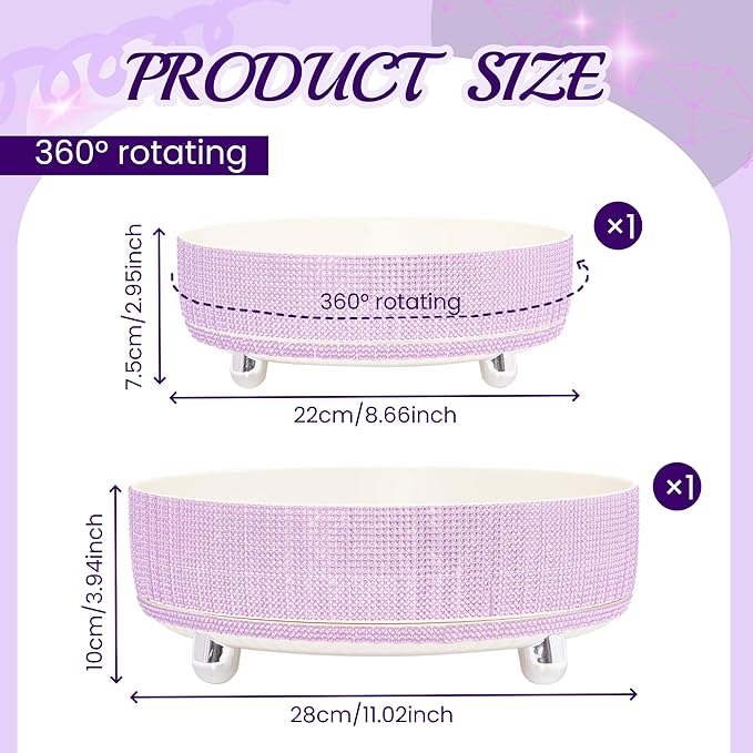 Rotating Bling Perfume Makeup Organizer, Rhinestone Cosmetic Display Cases with 2-Piece Set, 360° Spinning Bathroom Organizers for Countertop, Vanity Table | Purple