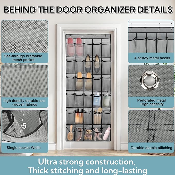 VZZNN 2-Pack Over Door Shoe Rack, 30 Compartment Breathable Mesh Hanging Organizer for Closet (Gray)