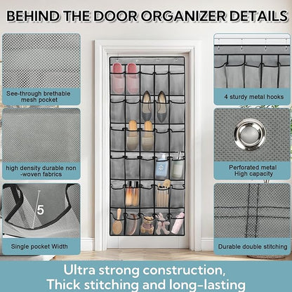 VZZNN 2-Pack Over Door Shoe Rack, 30 Compartment Breathable Mesh Hanging Organizer for Closet (Gray)