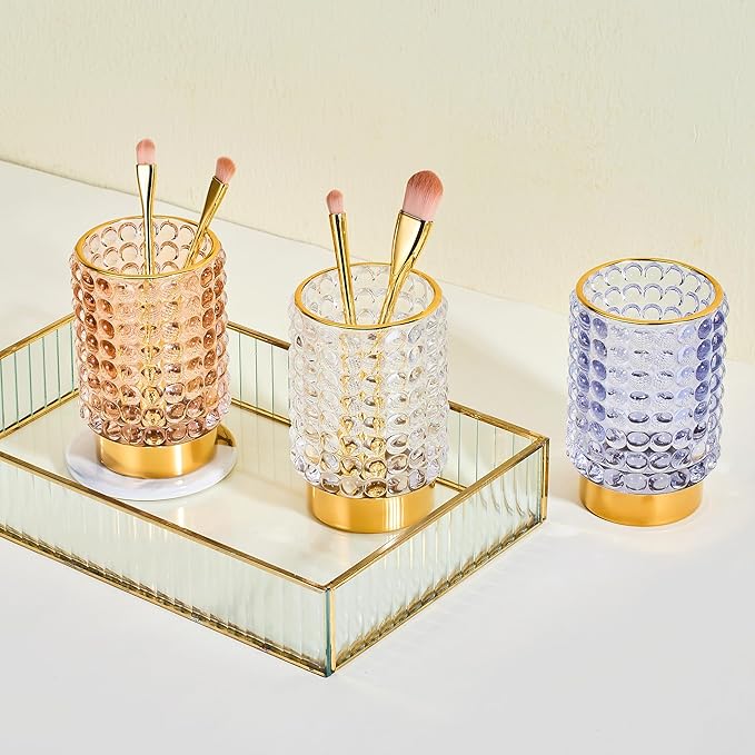 Makeup Brush Holder Organizer,Toothbrush Holders,Desk Pen Pencil Holder,Multifunctional Vintage Glass Brush Cup(A38-14-US/Pink/L)