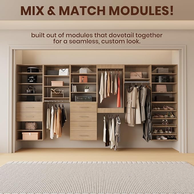 ROOMTEC 19.5" Double Hanging Closet Unit, Modular Closet System with Hanging Rod, Wardrobe Organizer for Bedroom or Walk-in Closet, Wall Mounted, Customizable Clothes Storage Unit, Wood