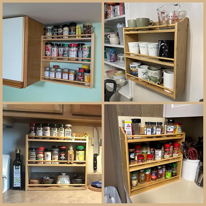 3 Tier Bamboo Spice Rack, Seasoning Jars Rack Shelf Spice Organizer for Kitchen Counter or Wall Mounting