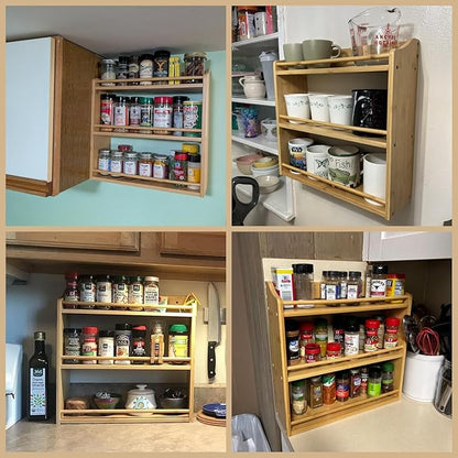 3 Tier Bamboo Spice Rack, Seasoning Jars Rack Shelf Spice Organizer for Kitchen Counter or Wall Mounting