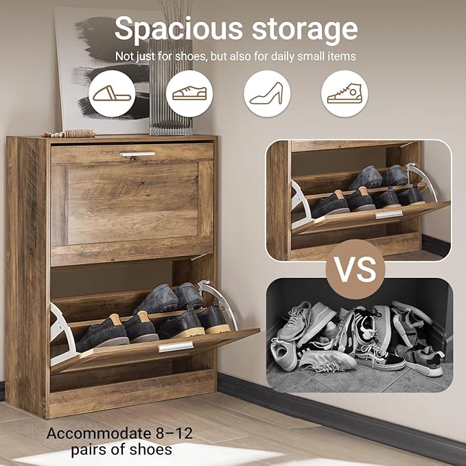 Haotian Shoe Cabinet Storage for Entryway, Narrow Shoe Cabinet with Two Flip Drawers to Save Space, Shoe Rack Cabinet for Front Door Entrance Hallway (Nature)
