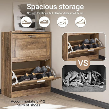 Haotian Shoe Cabinet Storage for Entryway, Narrow Shoe Cabinet with Two Flip Drawers to Save Space, Shoe Rack Cabinet for Front Door Entrance Hallway (Nature)