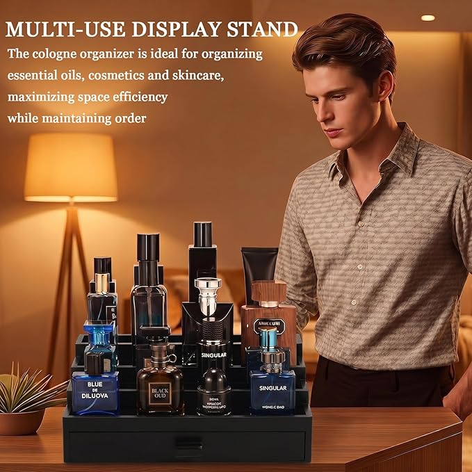 Wooden Cologne Organizer for Men 3 Tier Perfume Stand Organizer with Drawer and Hidden Compartment Cologne Display Riser Shelf Holder for Dresser Figures Fragrances Skincare Makeup Storage (Black)