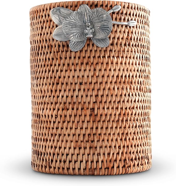 Vagabond House Wicker Rattan Utensil Holder, 8 Inches Tall, Large Kitchen Organizer with Pewter Orchid, Woven Boho Decor for Practicality and Style