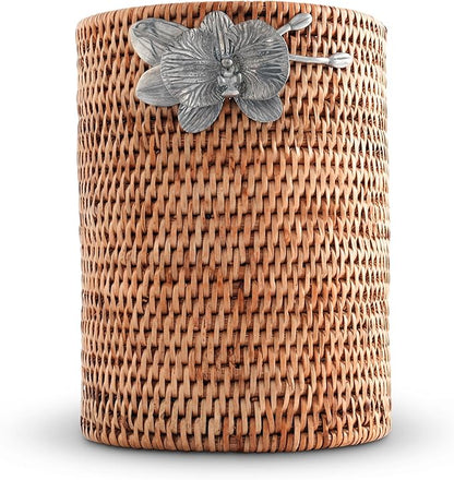 Vagabond House Wicker Rattan Utensil Holder, 8 Inches Tall, Large Kitchen Organizer with Pewter Orchid, Woven Boho Decor for Practicality and Style