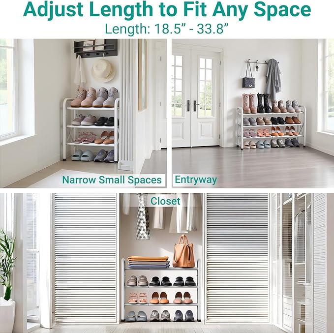 YEASHEIN 3-Tier Expandable Shoe Rack for Closet Floor, X-Frame Metal Small Shoe Rack for Entryway, Adjustable Shoe Shelf Organizer, Free Standing Shoe Racks for Front Door Entrance, Garage - White