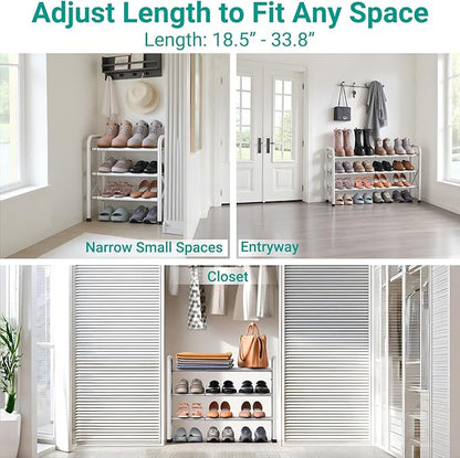 YEASHEIN 3-Tier Expandable Shoe Rack for Closet Floor, X-Frame Metal Small Shoe Rack for Entryway, Adjustable Shoe Shelf Organizer, Free Standing Shoe Racks for Front Door Entrance, Garage - White