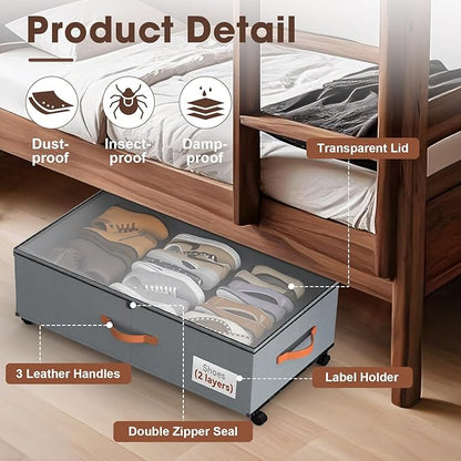 Eastherry Under Bed Storage Containers with Wheels, 9.5 inches Higher Underbed Shoes Blankets Clothes Toy Storage Drawers for College Dorms Bedrooms Nursery Rooms Organization, 2 Pack to be Assembled