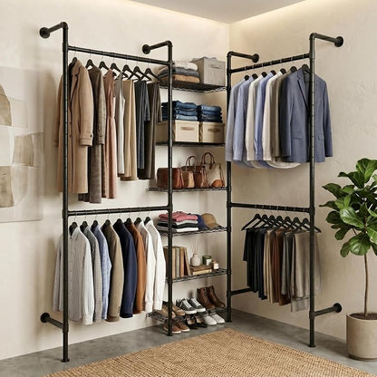 F3 Wall Mounted Closet System, Industrial Pipe Clothing Rack for Hanging Clothes, Heavy Duty Closet Organizer System, Clothes Racks with Shelves & Expandable Rod for Wardrobe, Corner, Black