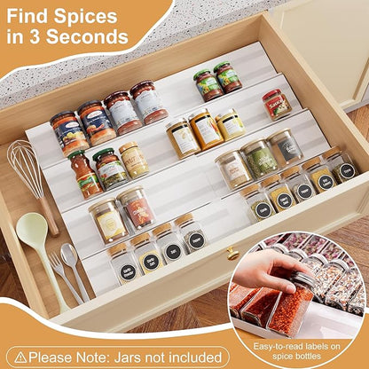 8-Pack Spice Rack for Drawer, Adjustable Seasoning Rack Tray, Expandable from 13" to 26", 2mm Acrylic, White, Kitchen Organizer and Storage (Jars Not Included)