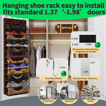 PAULONE 12 Pocket Over the Door Shoe Organizer,Reusable Breathable Large Mesh Bag Men's & Women's Sneaker Organizer,Shoe Organizer for Kids,Hanging Shoe Storage Hanging Bag (Coffee brown)