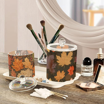 2 Pack Qtip Dispenser Apothecary Jars with Lids Cotton Round Holder Bathroom Canisters for Cotton Swab Floss Ball Pads Clear Plastic Decorative Maple Leaves Branches Brown