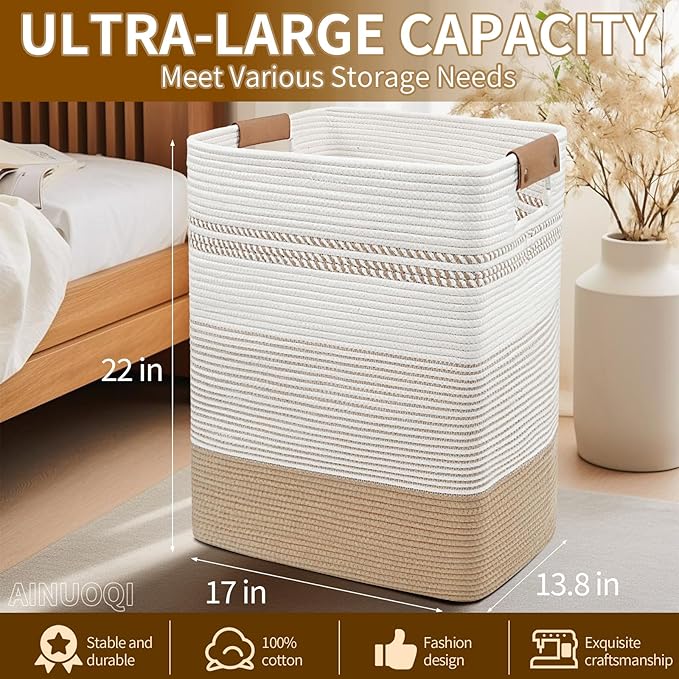 Large Laundry Hamper Basket, 85L Cotton Rope Woven Storage Bin for Blankets, Dirty Clothes Toys, Decorative Tall Basket with Leather Handles for Living Room, Bedroom, Bathroom, Nursery, Jute