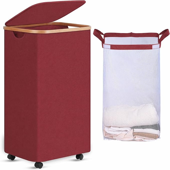 efluky Laundry Basket with Wheels, Tall Rolling Laundry Hamper with Lid and Removable Bag, Aesthetic Dirty Clothes Hamper on Wheels for Laundry Room, Bedroom, Dorm and Bathroom, 100L Red
