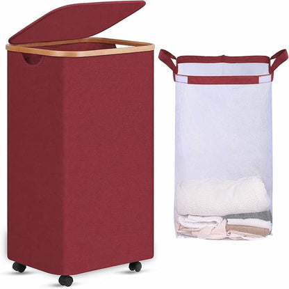 efluky Laundry Basket with Wheels, Tall Rolling Laundry Hamper with Lid and Removable Bag, Aesthetic Dirty Clothes Hamper on Wheels for Laundry Room, Bedroom, Dorm and Bathroom, 100L Red