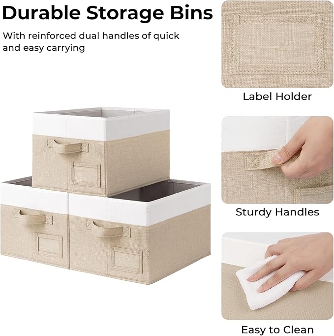GRANNY SAYS Closet Storage Bins, Storage Baskets for Closet, Fabric Bins for Clothes, Closet Organizer Bins, Khaki&Ivory, Medium, 3-Pack