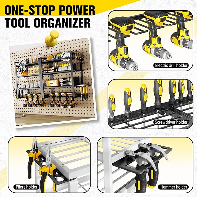Hipidian Power Tool Organizer Wall Mount - Storage Rack with 4 Drill Holders for Drills Cordless Tools. Heavy Duty Iron Garage Tool Organizer Storage for Workshop Shed (4 Slots 4 Layers 2 Pcs)