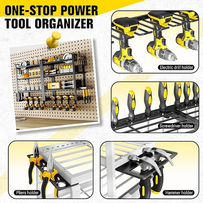 Hipidian Power Tool Organizer Wall Mount - Storage Rack with 4 Drill Holders for Drills Cordless Tools. Heavy Duty Iron Garage Tool Organizer Storage for Workshop Shed (4 Slots 4 Layers 2 Pcs)