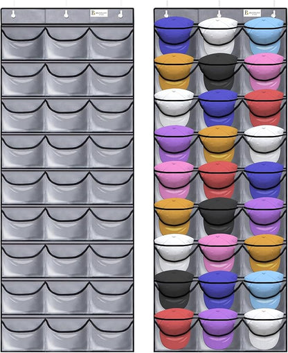 Brandland Hat Organizer for Baseball Caps – 27 Clear Pockets Over-the-Door Rack – Space-Saving Cap Holder Organizer for Hats, Visors, and Accessories – Gray