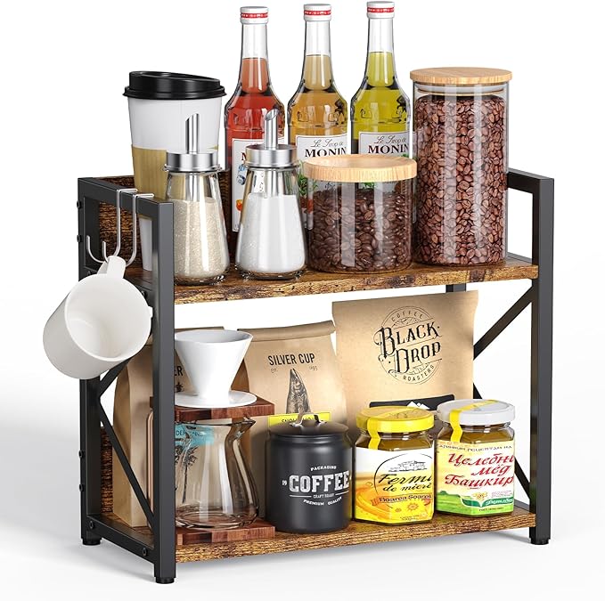RUILALIFE Coffee-Bar-Station-Organizer Shelf for Countertop, 2 Tiers Kitchen Counter Shelf Riser, Wooden Spice Rack Organizer, Coffee Bar Accessories(Rustic Brown, Large)